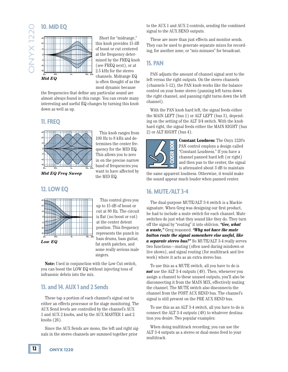 Mid eq, Freq, Low eq | And 14. aux 1 and 2 sends, Mute/alt 3-4, Onyx 1220 | MACKIE Onyx 1220 User Manual | Page 12 / 32