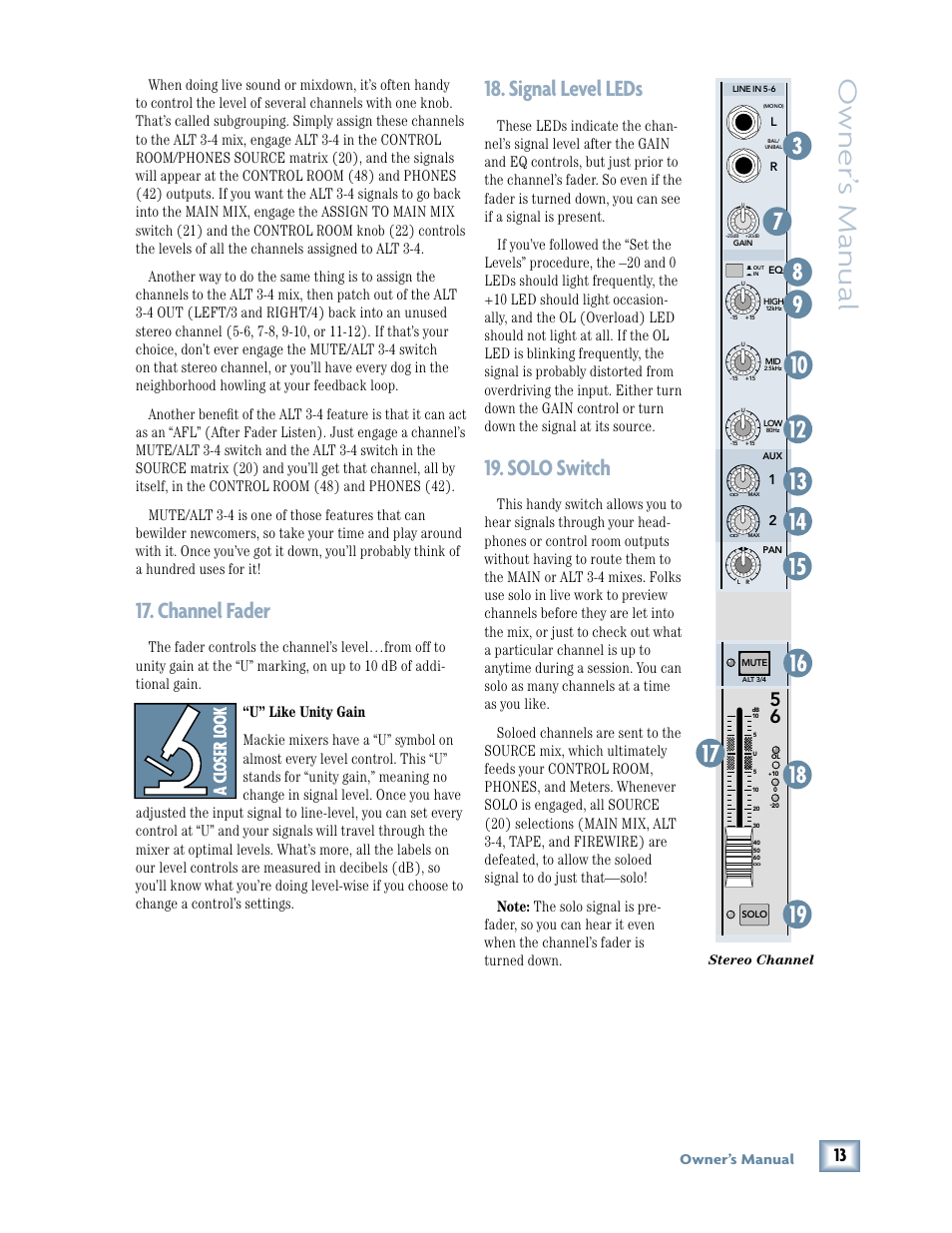Channel fader, Signal level leds, Solo switch | Owner ’s manual, Owner’s manual | MACKIE Onyx 1220 User Manual | Page 13 / 32