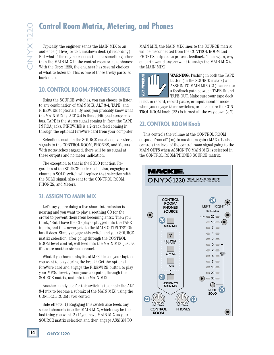 Control room matrix, metering, and phones, Control room/phones source, Assign to main mix | Control room knob, Onyx 1220 | MACKIE Onyx 1220 User Manual | Page 14 / 32