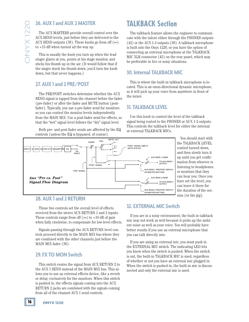 Aux 1 and aux 2 master, Aux 1 and aux 2 pre/post, Aux 1 and 2 return | Fx to mon switch, Talkback section, Internal talkback mic, Talkback level, External mic switch, Onyx 1220, Aux 1 and 2 pre/post | MACKIE Onyx 1220 User Manual | Page 16 / 32