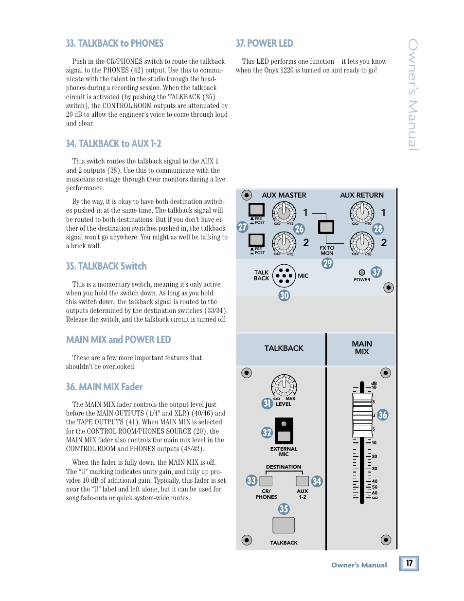 Talkback to phones, Talkback to aux 1-2, Talkback switch | Main mix and power led, Main mix fader, Power led, Owner ’s manual | MACKIE Onyx 1220 User Manual | Page 17 / 32