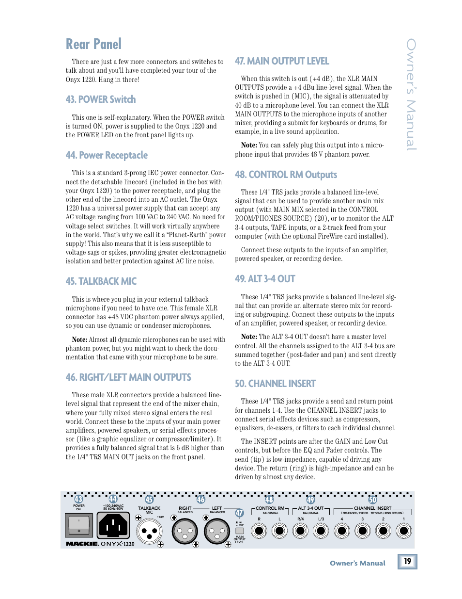 Rear panel, Power switch, Power receptacle | Talkback mic, Right/left main outputs, Main output level, Control rm outputs, Alt 3-4 out, Channel insert, Owner ’s manual | MACKIE Onyx 1220 User Manual | Page 19 / 32