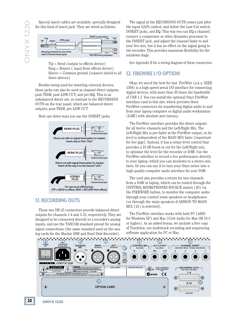 Recording outs, Firewire i/o option, Onyx 1220 | MACKIE Onyx 1220 User Manual | Page 20 / 32