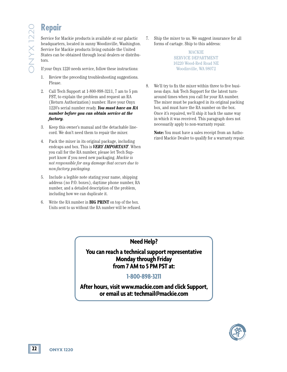 Repair, Onyx 1220 | MACKIE Onyx 1220 User Manual | Page 22 / 32