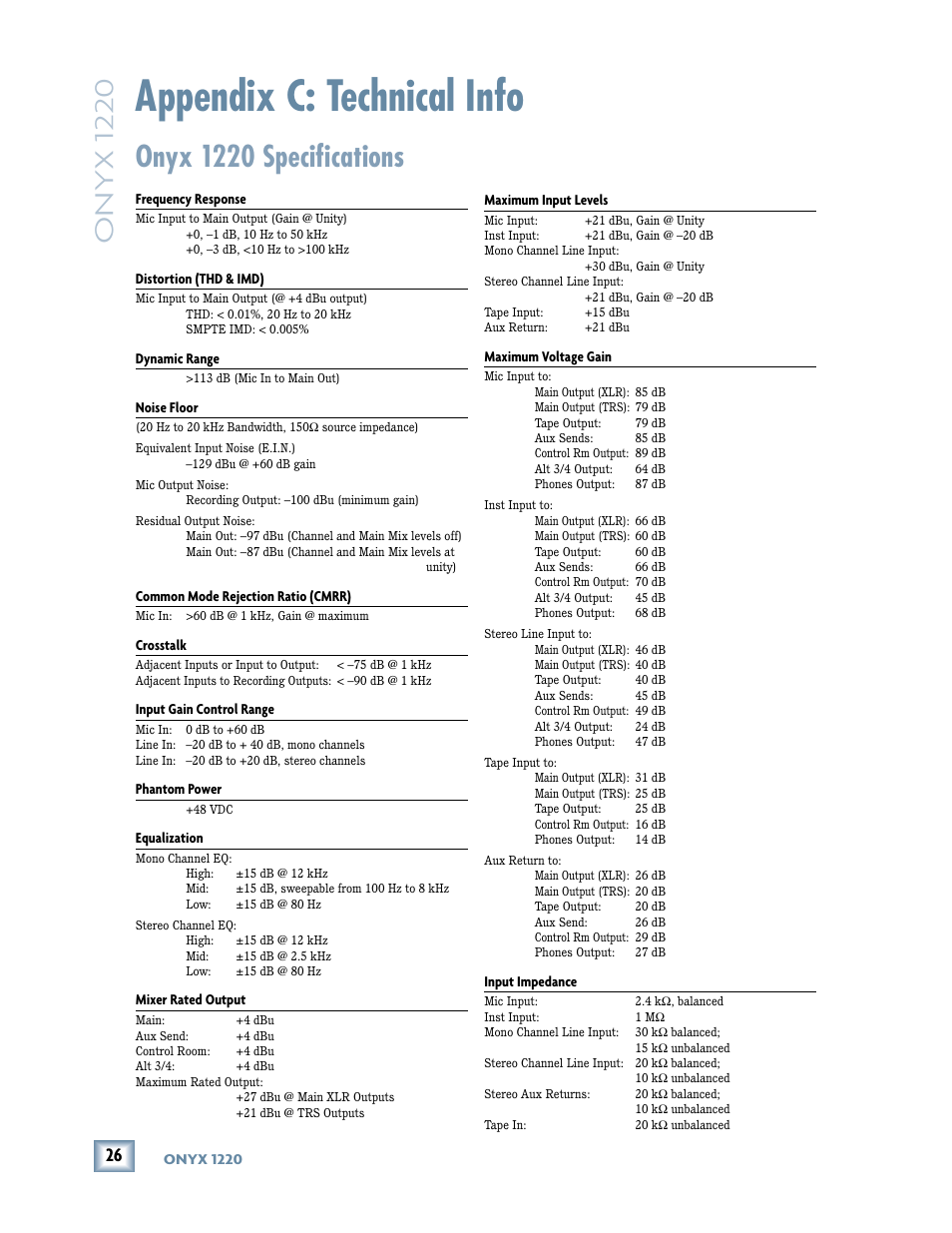 Appendix c: technical info, Onyx 1220 specifications, Onyx 1220 speciﬁ cations | Onyx 1220 specifi cations, Onyx 1220 | MACKIE Onyx 1220 User Manual | Page 26 / 32