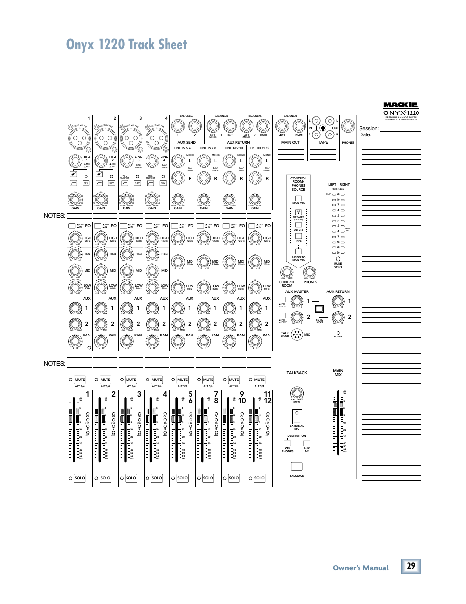 Onyx 1220 track sheet, Owner ’s manual, Owner’s manual | Session: date | MACKIE Onyx 1220 User Manual | Page 29 / 32