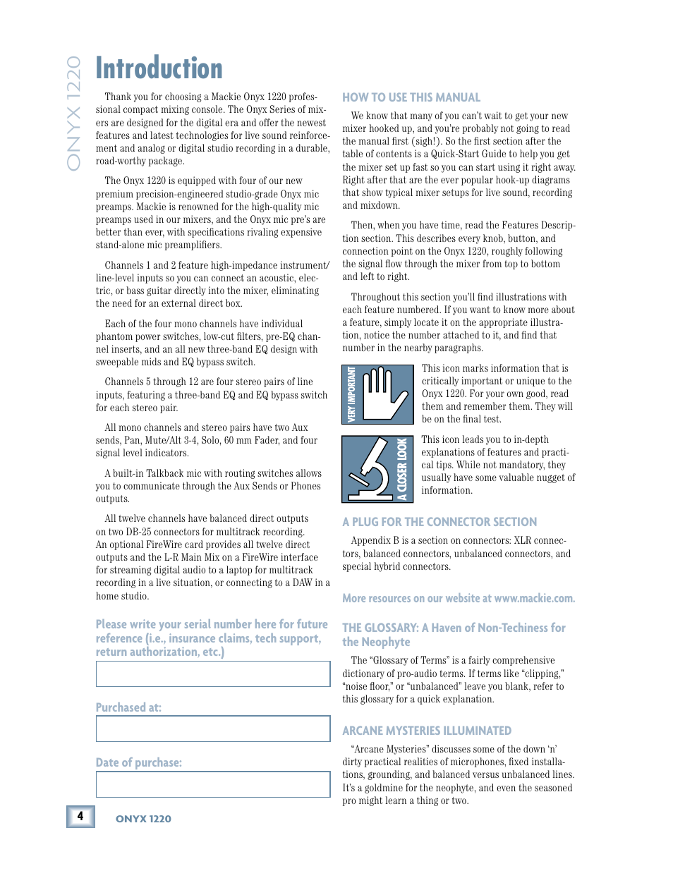 Introduction, Onyx 1220 | MACKIE Onyx 1220 User Manual | Page 4 / 32