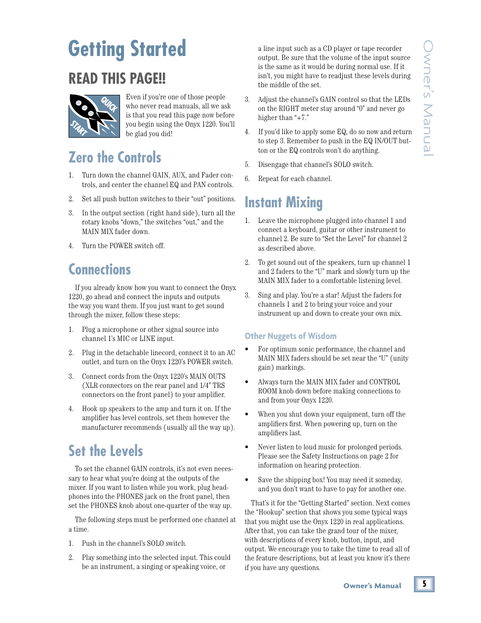 Getting started, Zero the controls, Connections | Set the levels, Instant mixing, Read this page, Owner ’s manual | MACKIE Onyx 1220 User Manual | Page 5 / 32