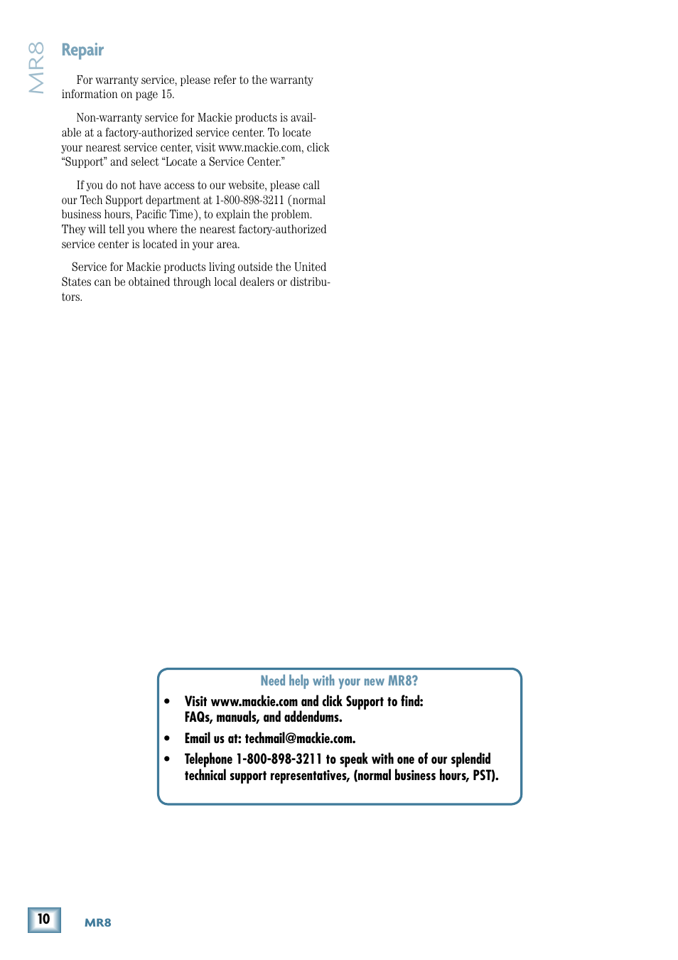 Repair | MACKIE MR8 User Manual | Page 10 / 16