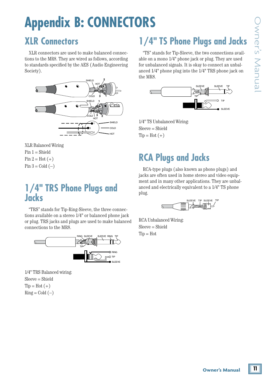 Appendix b: connectors, Xlr connectors, 1/4" trs phone plugs and jacks | 1/4" ts phone plugs and jacks, Rca plugs and jacks, Owner’ s manual | MACKIE MR8 User Manual | Page 11 / 16