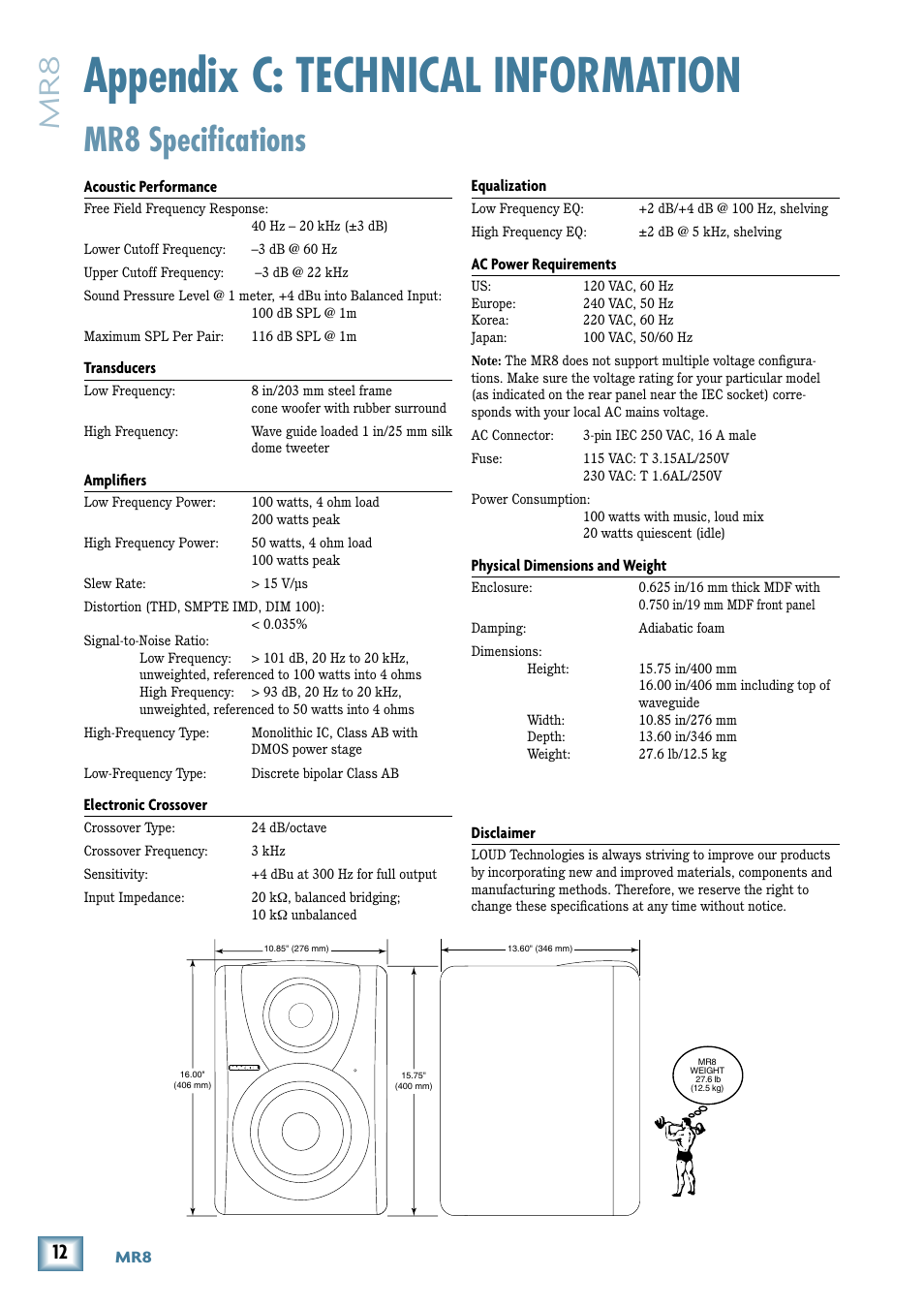 Appendix c: technical information, Mr8 specifications | MACKIE MR8 User Manual | Page 12 / 16