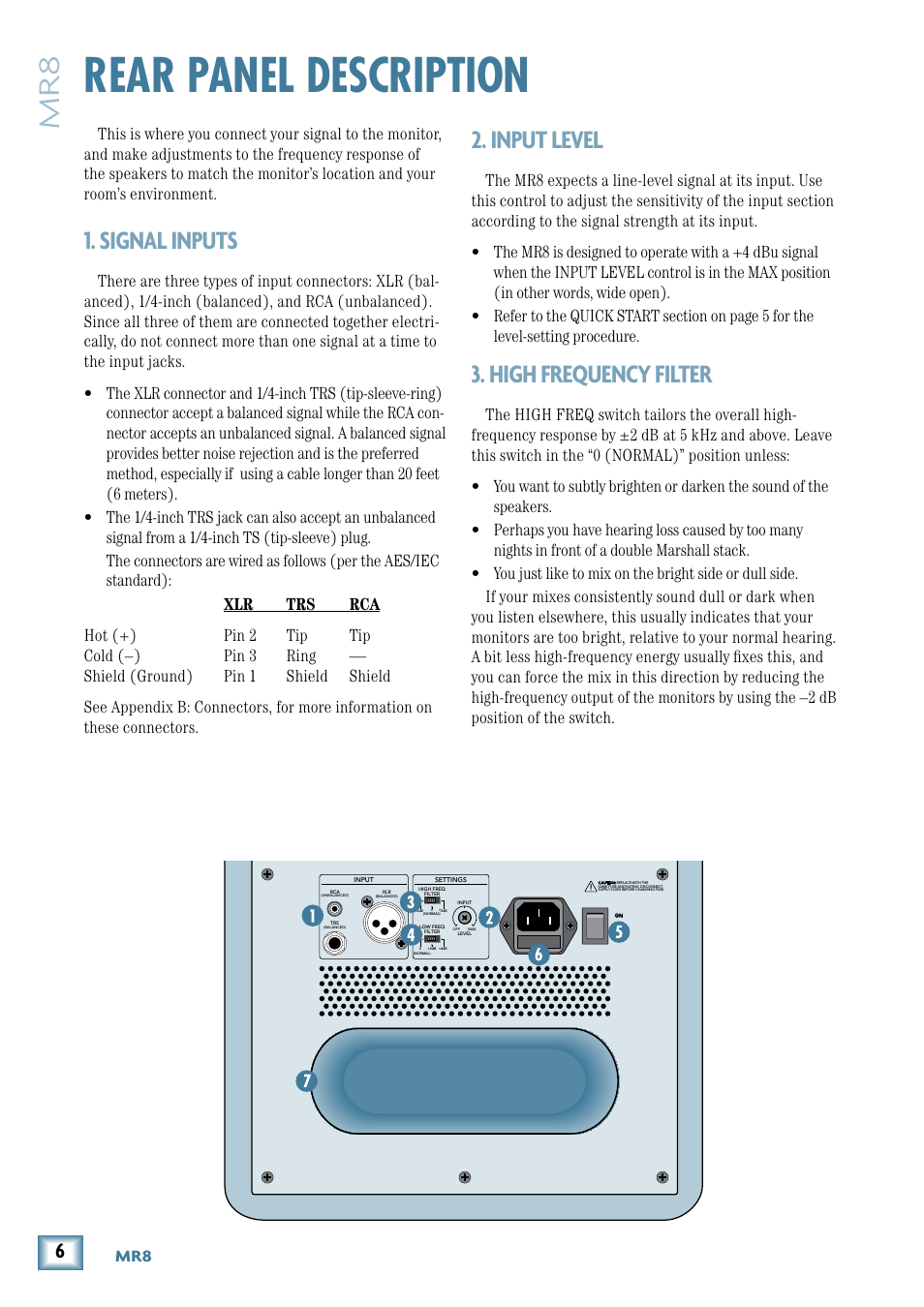 Rear panel description, Signal inputs, Input level | High frequency filter | MACKIE MR8 User Manual | Page 6 / 16