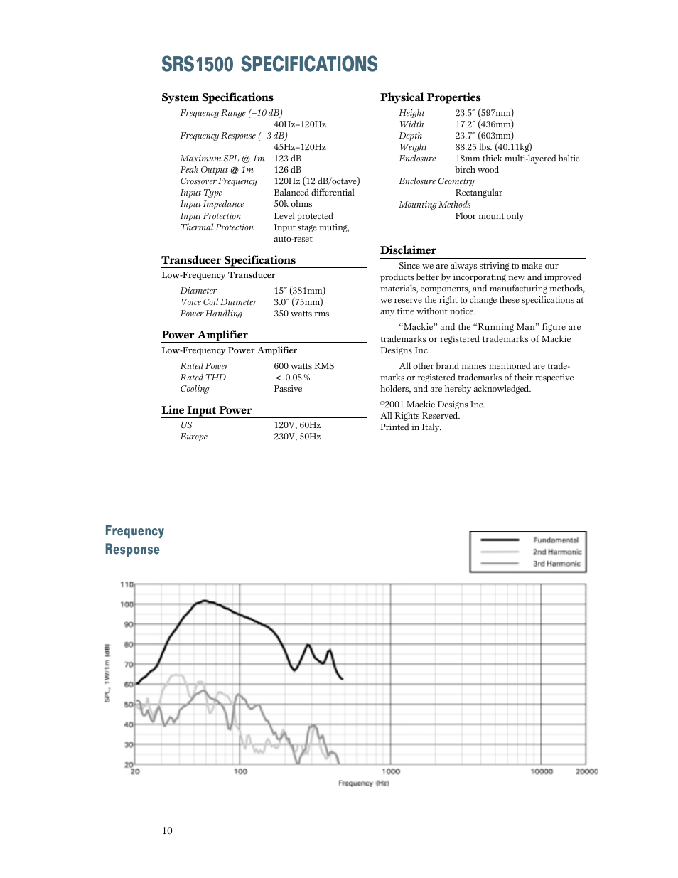 Srs1500 specifications, Frequency response | MACKIE SRS1500 User Manual | Page 10 / 12