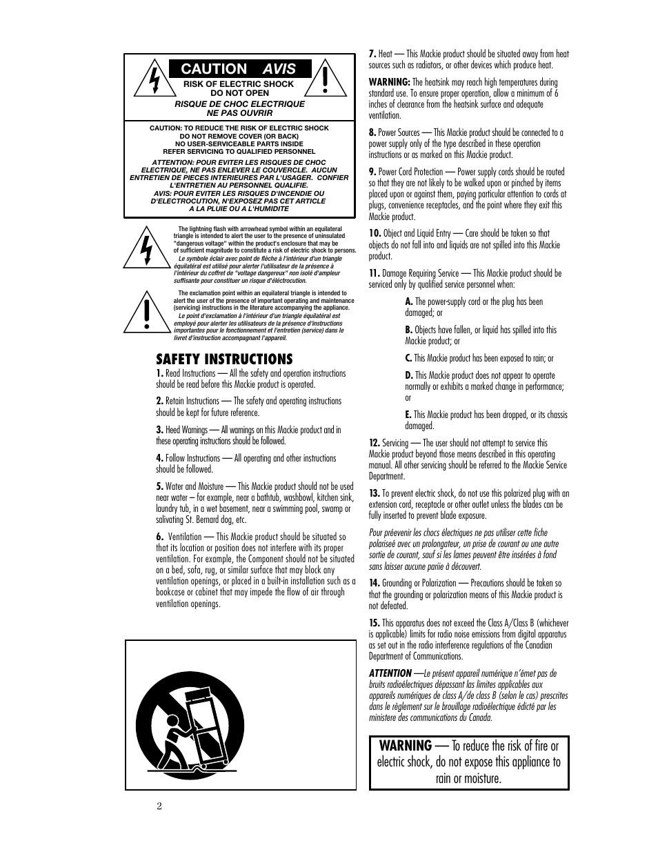 Caution avis, Safety instructions | MACKIE SRS1500 User Manual | Page 2 / 12