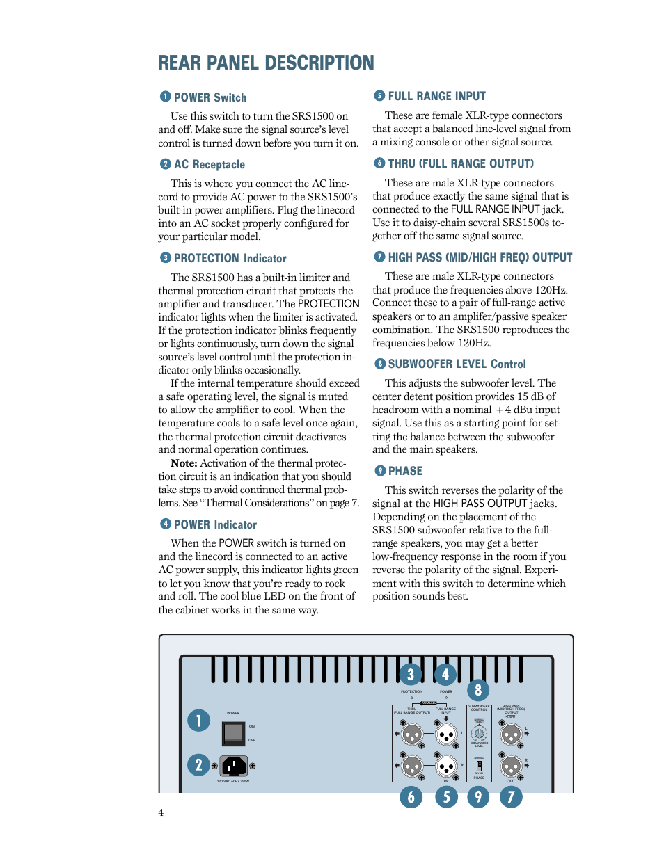 Rear panel description, Power switch, Ac receptacle | Protection indicator, Power indicator, Full range input, Thru (full range output), High pass (mid/high freq) output, Subwoofer level control, Phase | MACKIE SRS1500 User Manual | Page 4 / 12