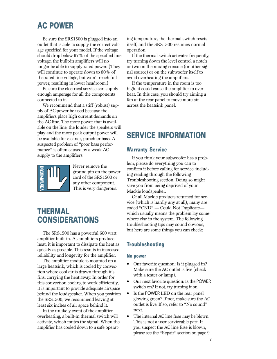 Ac power, Thermal considerations, Service information | MACKIE SRS1500 User Manual | Page 7 / 12