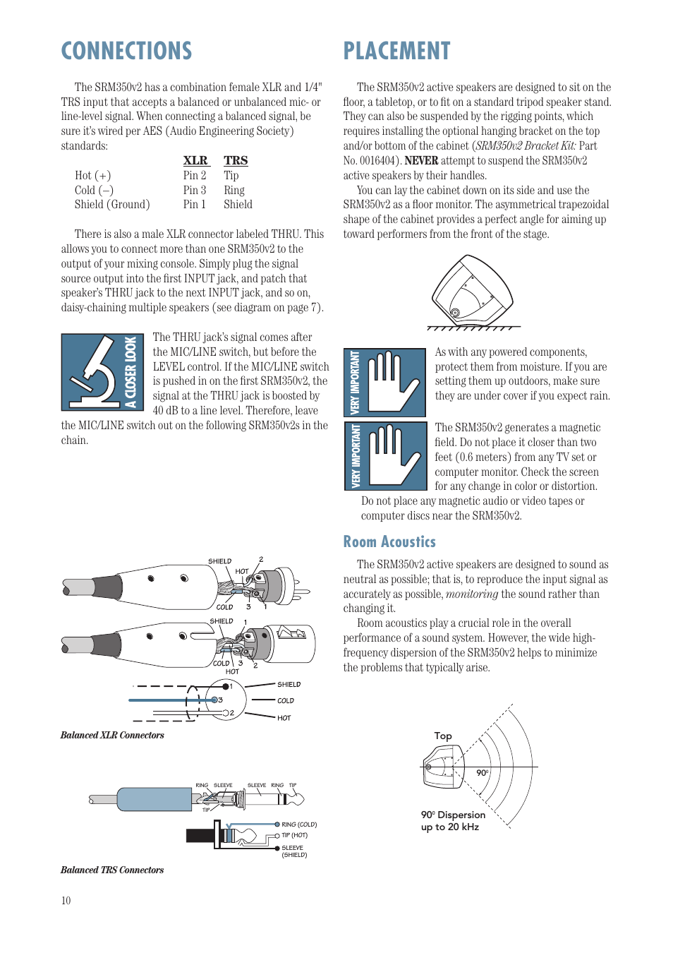 Placement, Connections, Room acoustics | MACKIE SRM350 User Manual | Page 10 / 20