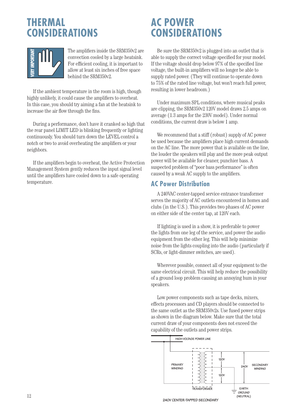 Ac power considerations, Thermal considerations, Ac power distribution | MACKIE SRM350 User Manual | Page 12 / 20