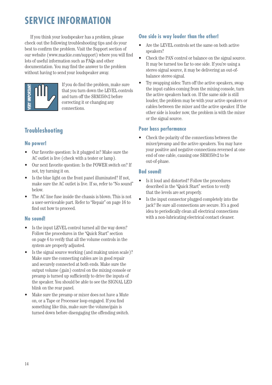 Service information, Troubleshooting | MACKIE SRM350 User Manual | Page 14 / 20