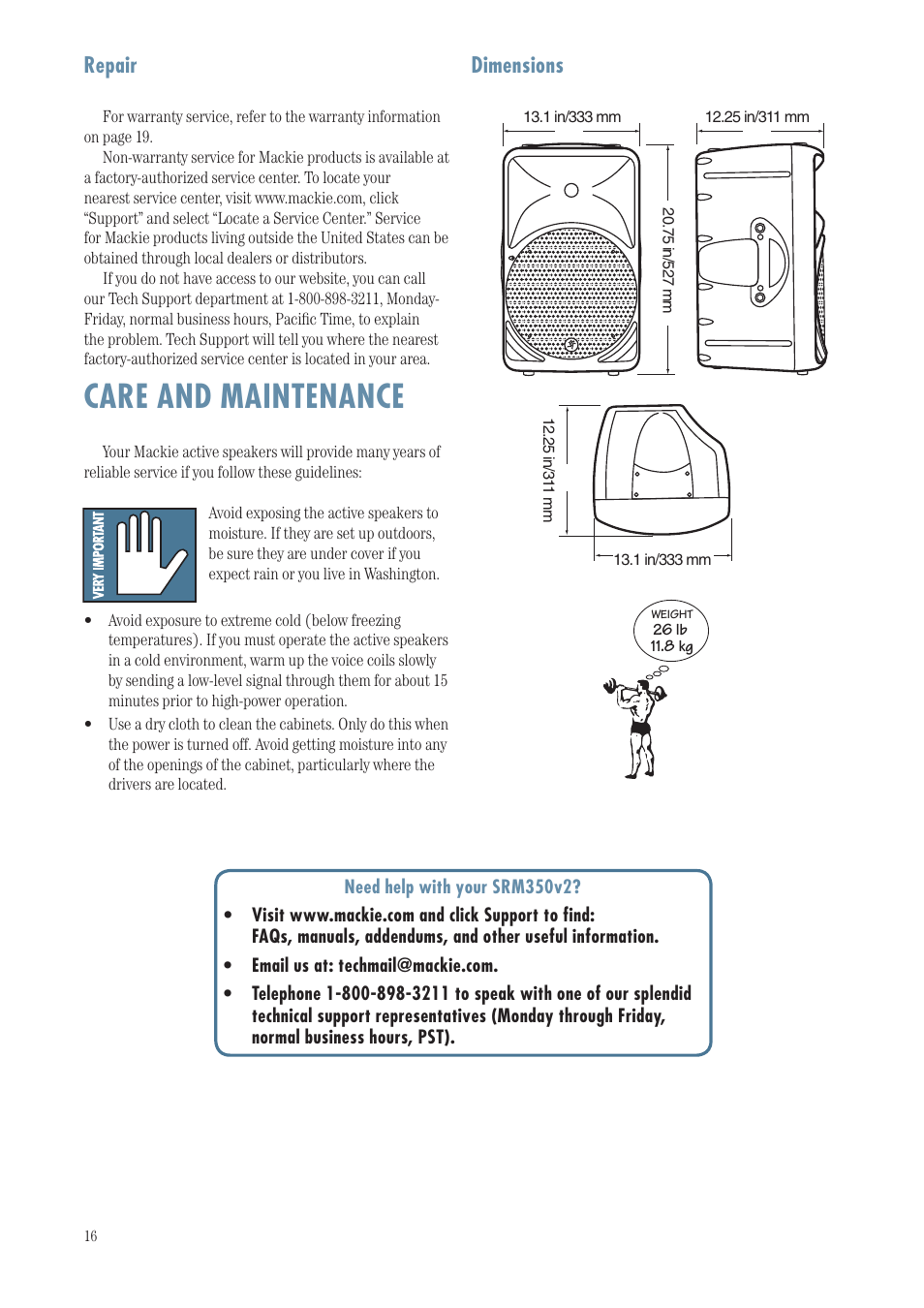 Care and maintenance, Repair, Dimensions | MACKIE SRM350 User Manual | Page 16 / 20