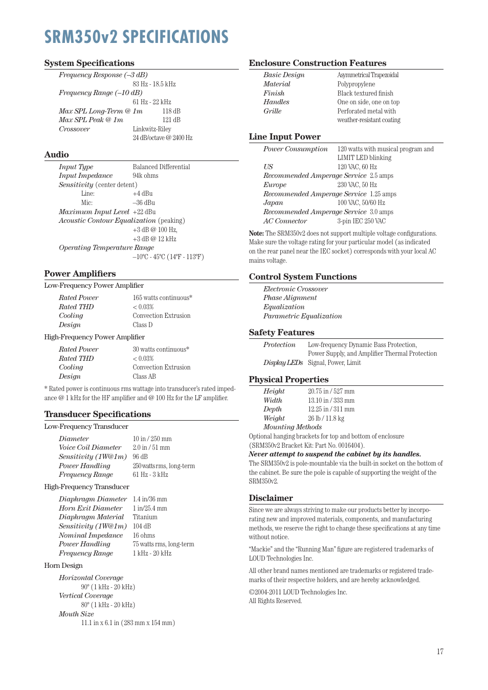 Srm350v2 specifications | MACKIE SRM350 User Manual | Page 17 / 20