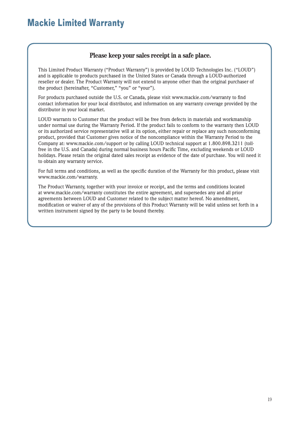 Mackie limited warranty | MACKIE SRM350 User Manual | Page 19 / 20