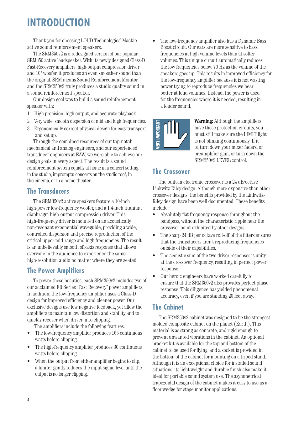 Introduction, The transducers, The power amplifiers | The crossover, The cabinet | MACKIE SRM350 User Manual | Page 4 / 20