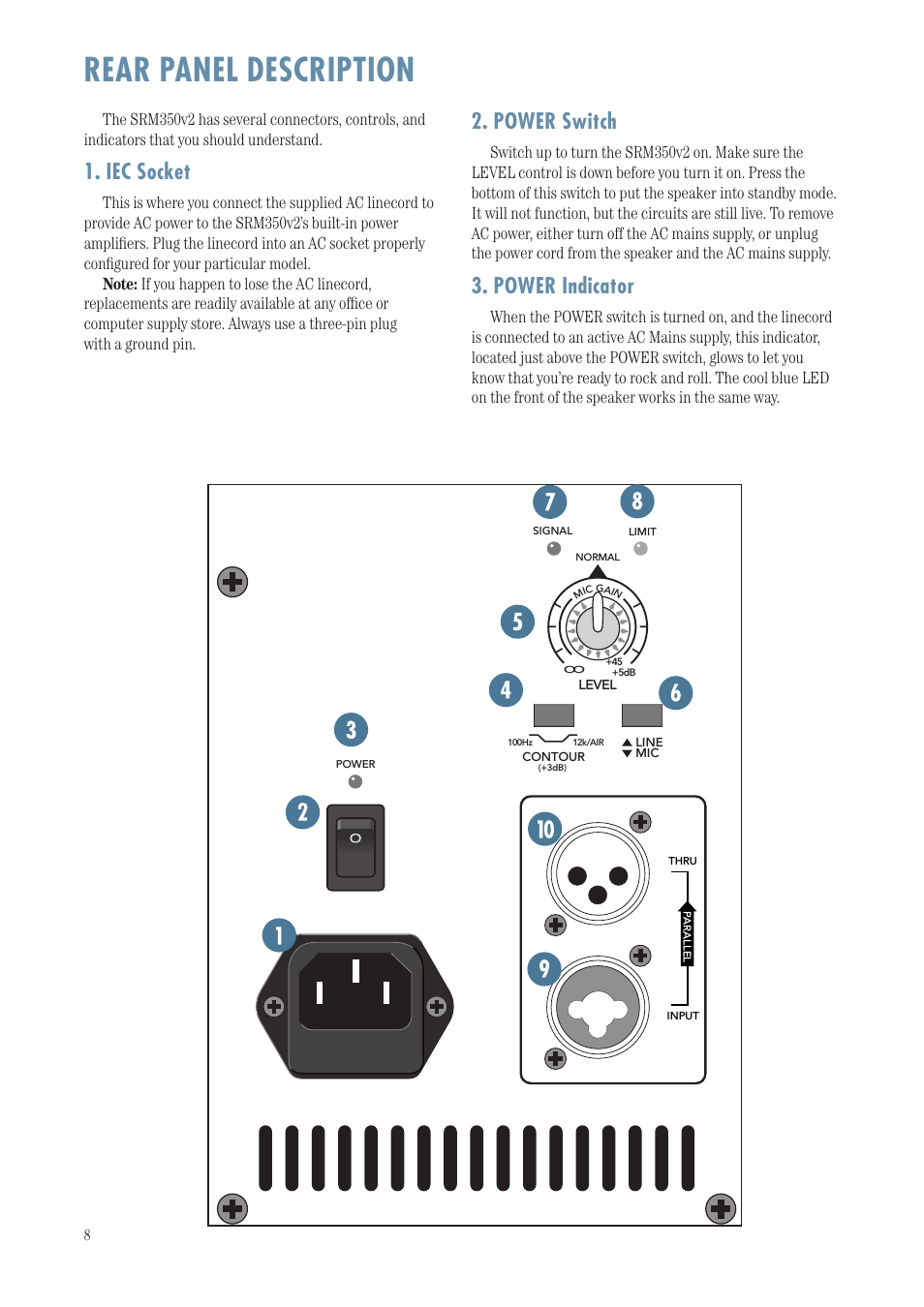 Rear panel description, Power switch, Power indicator | Iec socket | MACKIE SRM350 User Manual | Page 8 / 20