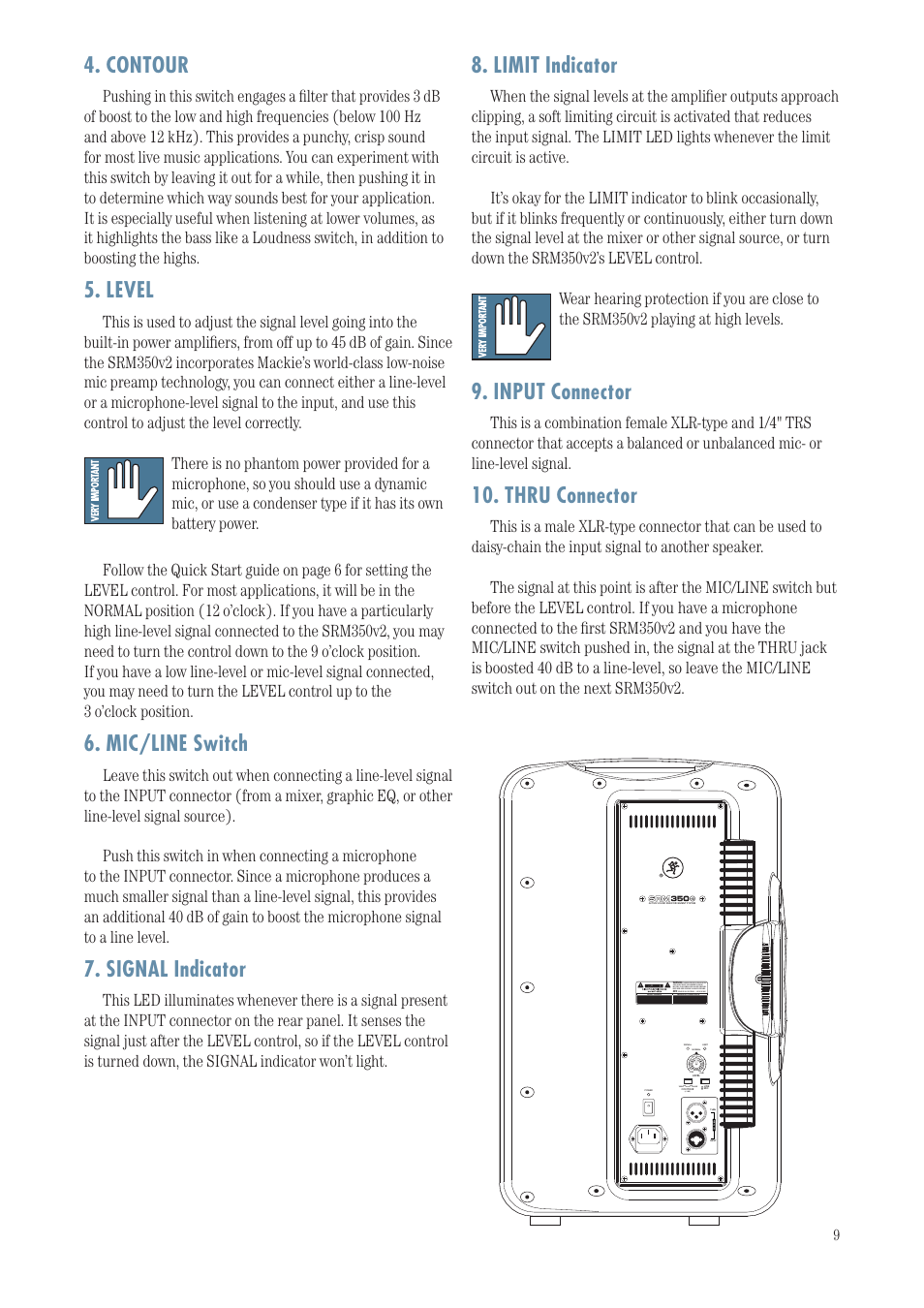Contour, Level, Mic/line switch | Signal indicator, Limit indicator, Input connector, Thru connector | MACKIE SRM350 User Manual | Page 9 / 20