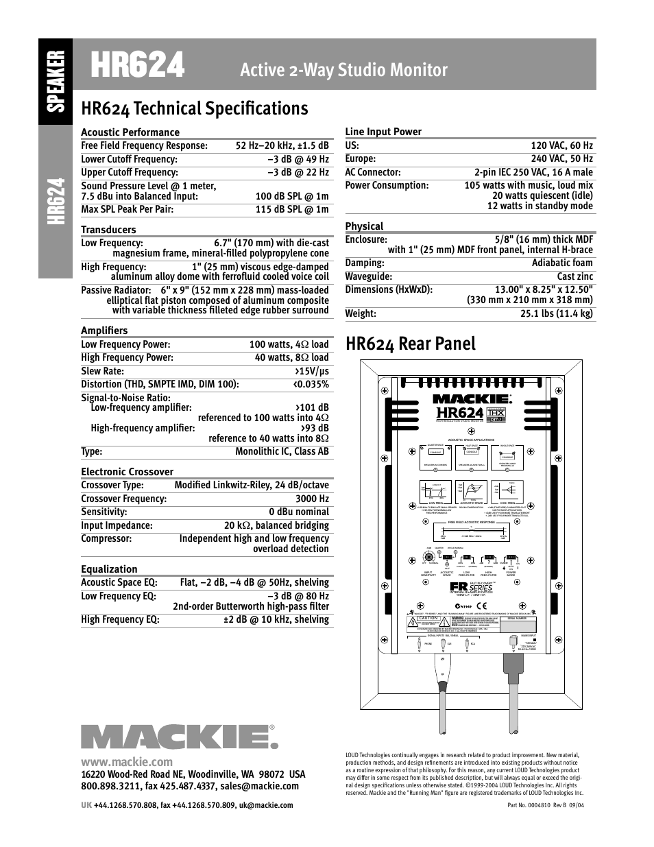 Hr624, Speaker hr624, Active 2-way studio monitor | Hr624 technical specifications, Hr624 rear panel | MACKIE HR624 User Manual | Page 2 / 2
