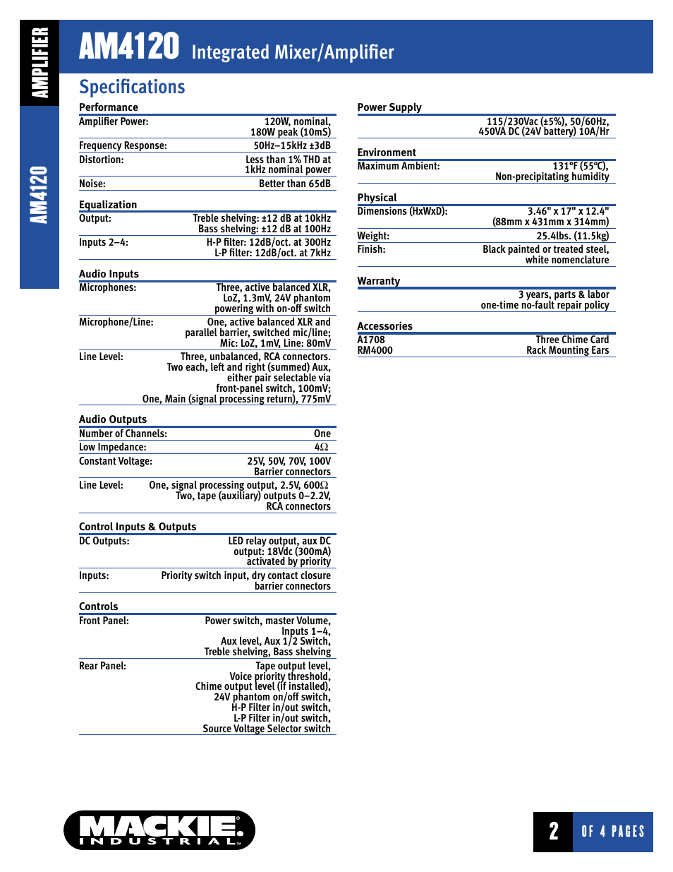 Am4120, Integrated mixer/amplifier, Amplifier | Specifications | MACKIE AM4120 User Manual | Page 2 / 4