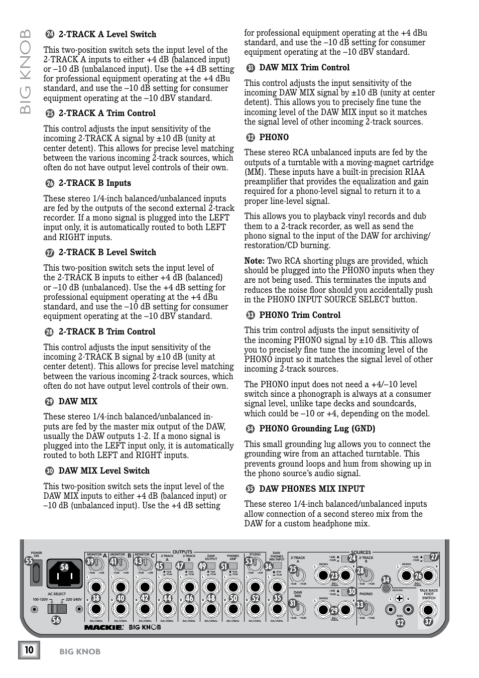 Track a level switch, Track a trim control, Track b inputs | Track b level switch, Track b trim control, Daw mix, Daw mix level switch, Daw mix trim control, Phono, Phono trim control | MACKIE Big Knob Studio Command System User Manual | Page 10 / 20