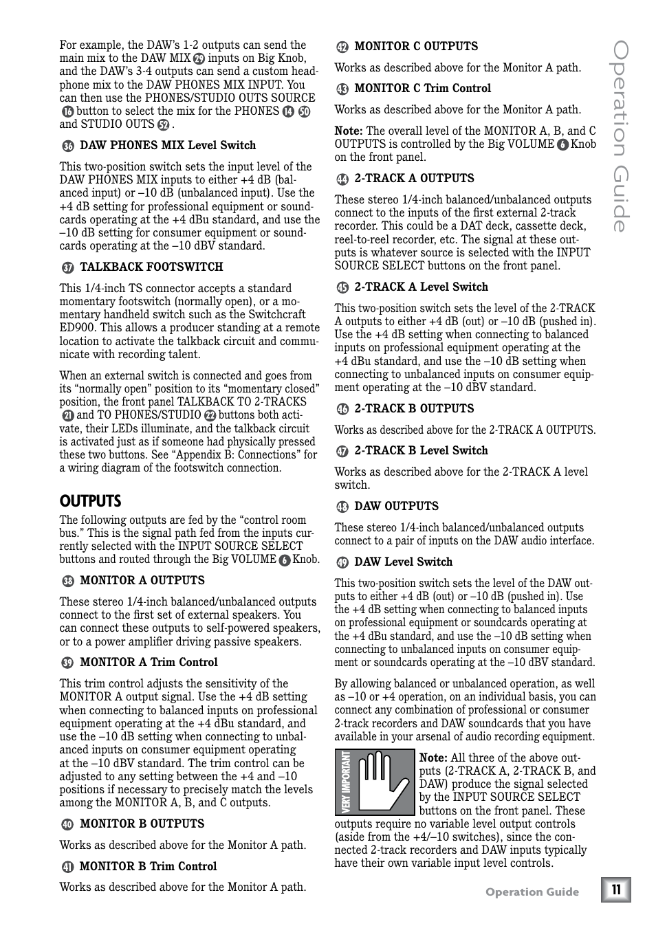 Daw phones mix level switch, Talkback footswitch, Outputs | Monitor a outputs, Monitor a trim control, Monitor b outputs, Monitor b trim control, Monitor c outputs, Monitor c trim control, Track a outputs | MACKIE Big Knob Studio Command System User Manual | Page 11 / 20