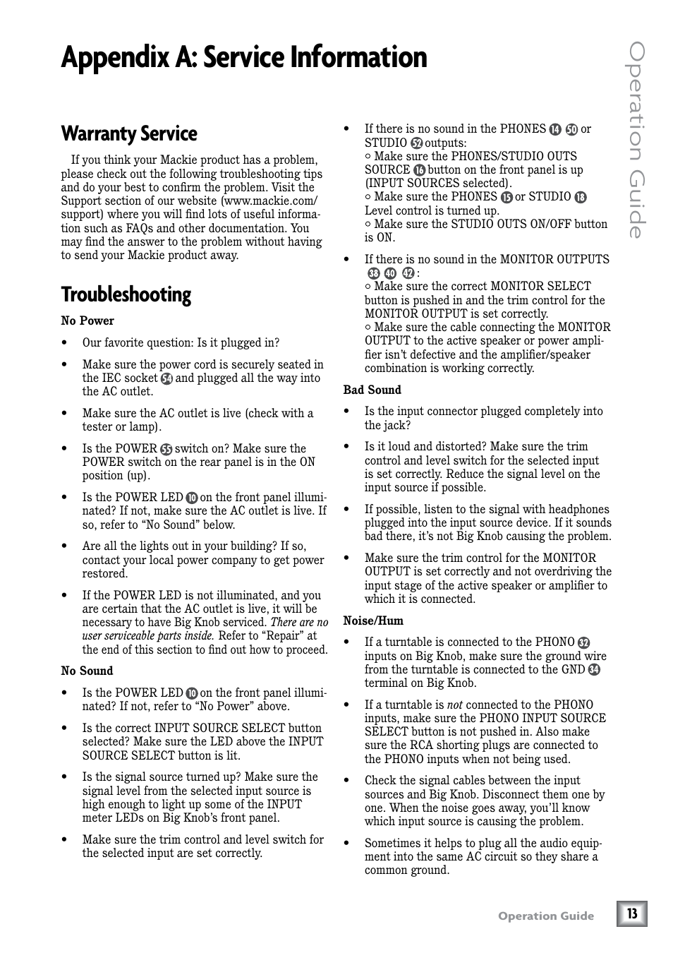Appendix a: service information, Warranty service, Troubleshooting | Warranty service  troubleshooting, Oper ation guide | MACKIE Big Knob Studio Command System User Manual | Page 13 / 20