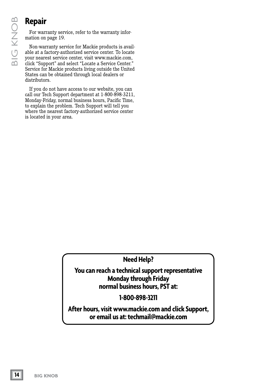 Repair, Big knob | MACKIE Big Knob Studio Command System User Manual | Page 14 / 20