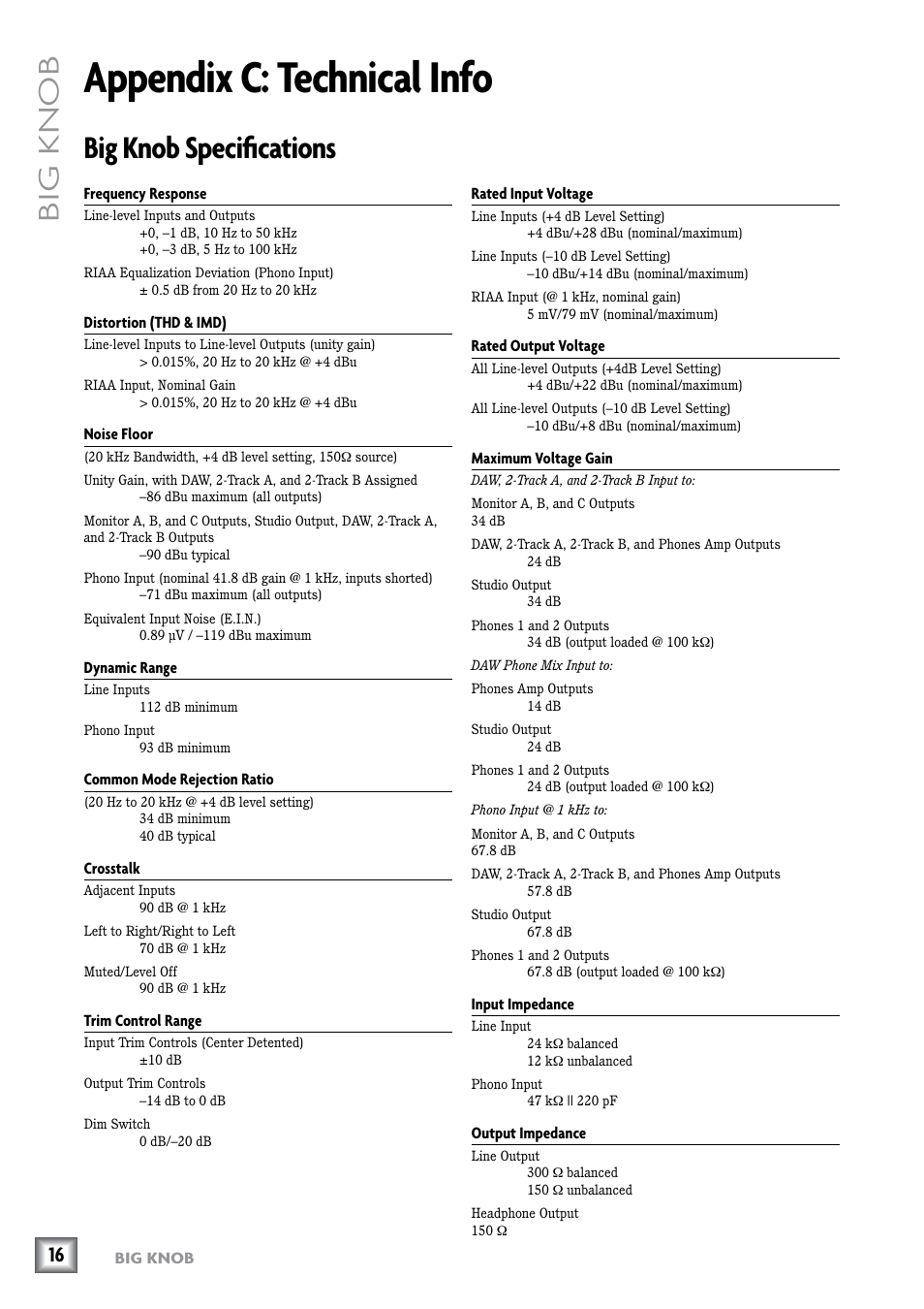 Appendix c: technical info, Big knob specifications, Big knob | MACKIE Big Knob Studio Command System User Manual | Page 16 / 20