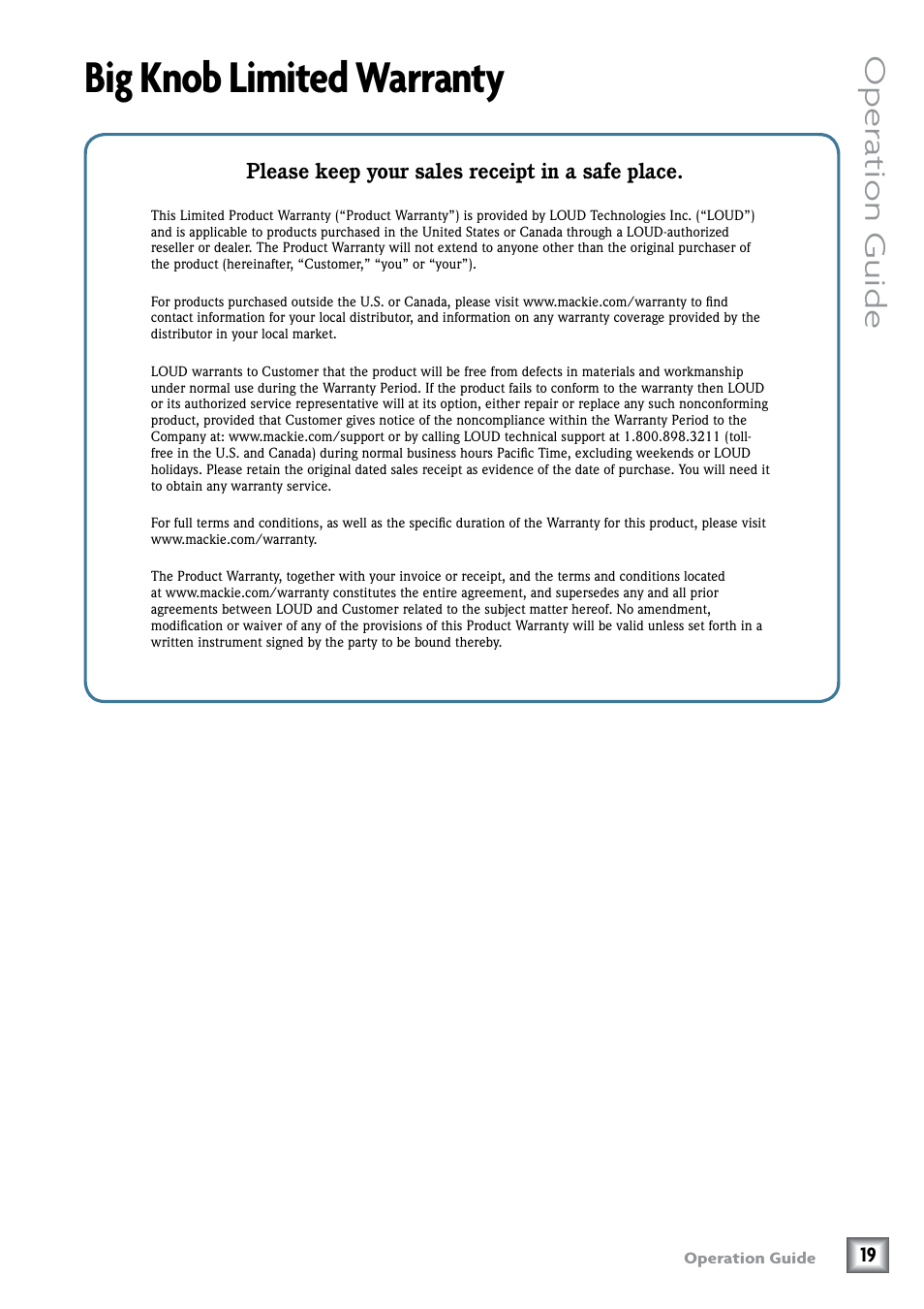Big knob limited warranty, Oper ation guide, Please keep your sales receipt in a safe place | MACKIE Big Knob Studio Command System User Manual | Page 19 / 20