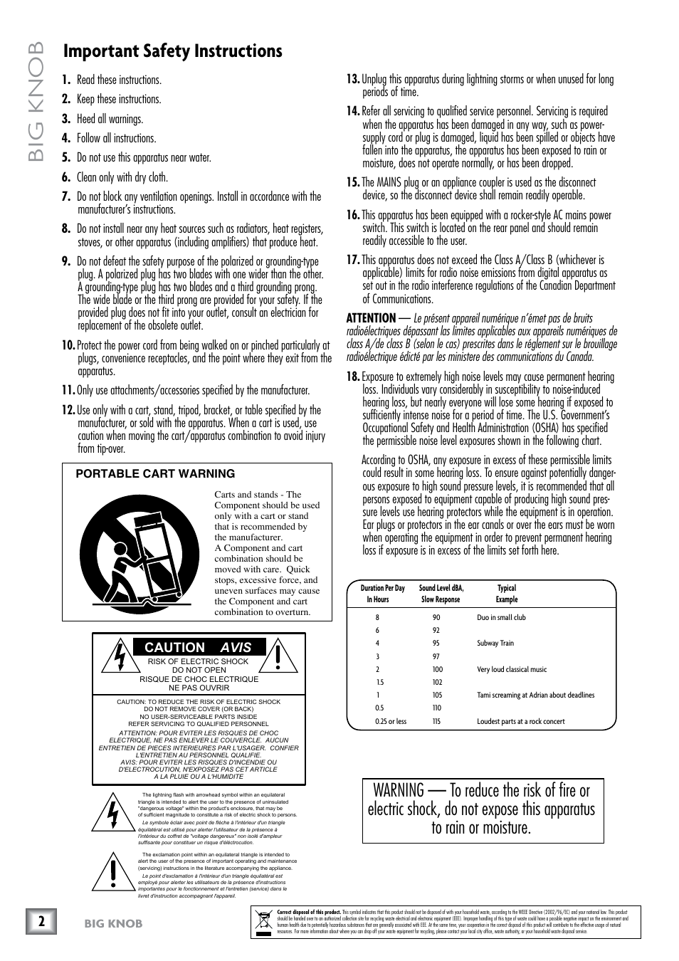 Safety instructions, Big knob, Important safety instructions | Caution avis | MACKIE Big Knob Studio Command System User Manual | Page 2 / 20