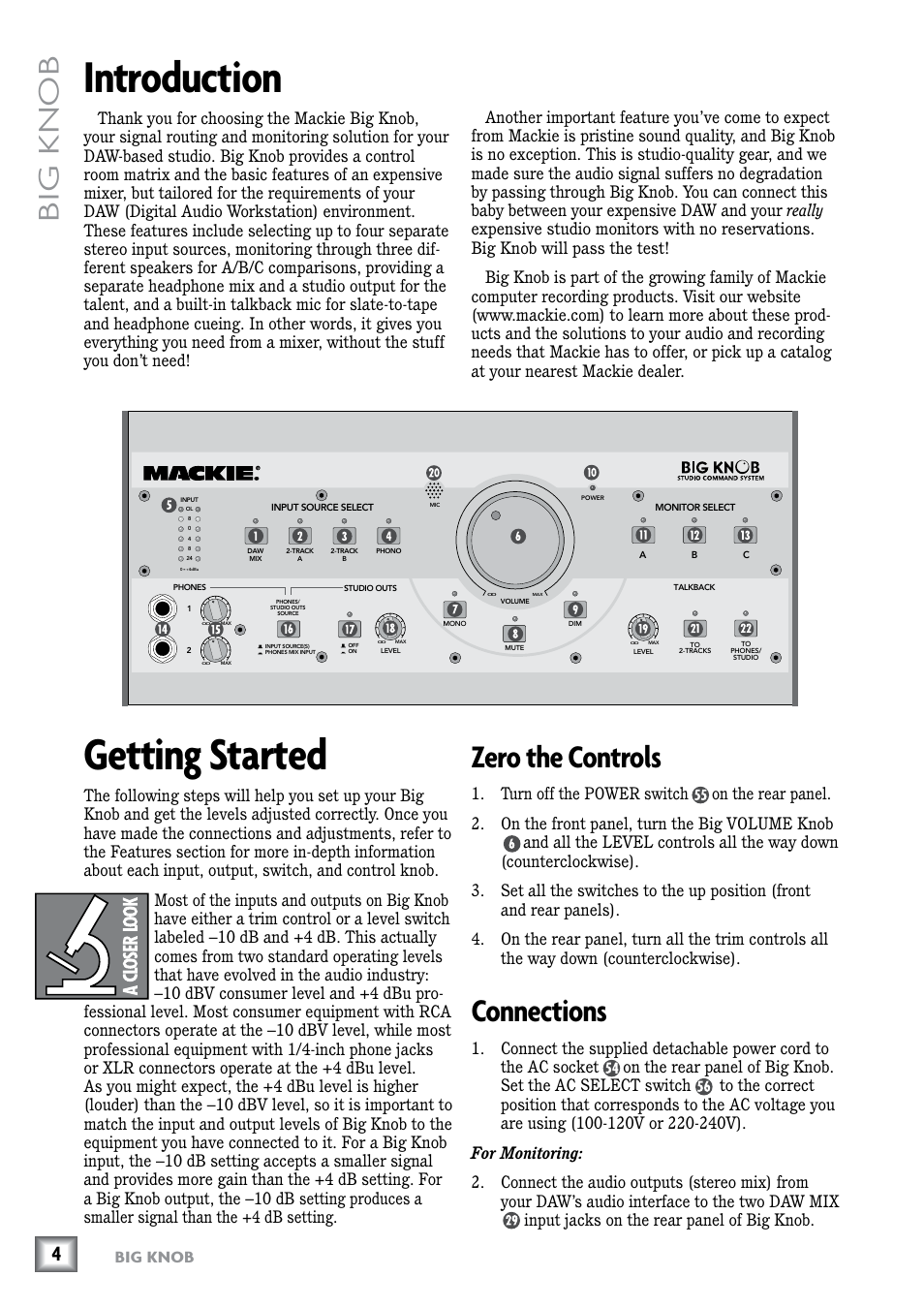 Introduction, Getting started, Zero the controls | Connections, Introduction getting started, Zero the controls connections, Big knob | MACKIE Big Knob Studio Command System User Manual | Page 4 / 20