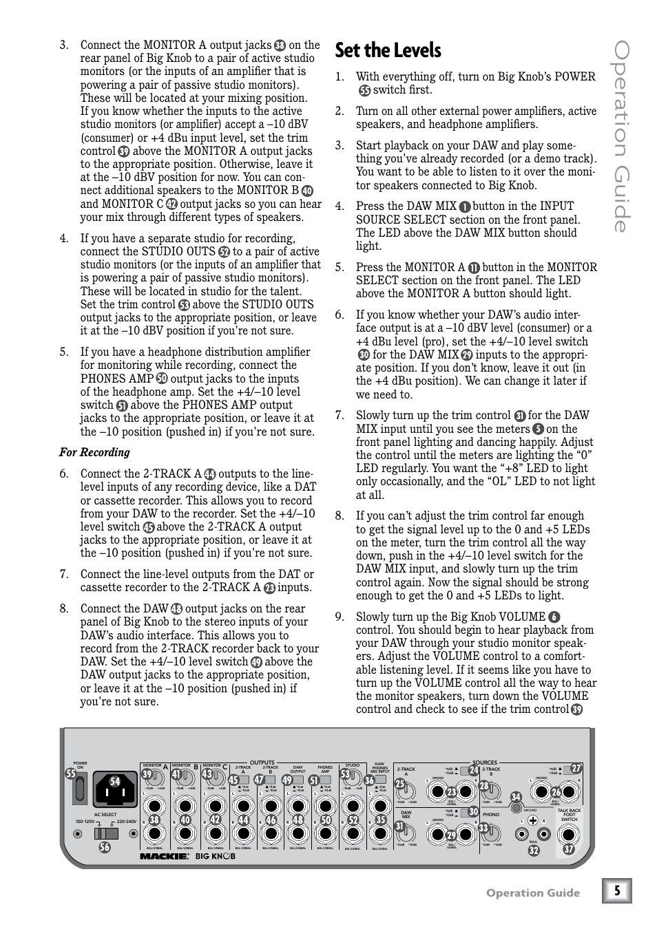 Set the levels, Oper ation guide, Operation guide | MACKIE Big Knob Studio Command System User Manual | Page 5 / 20