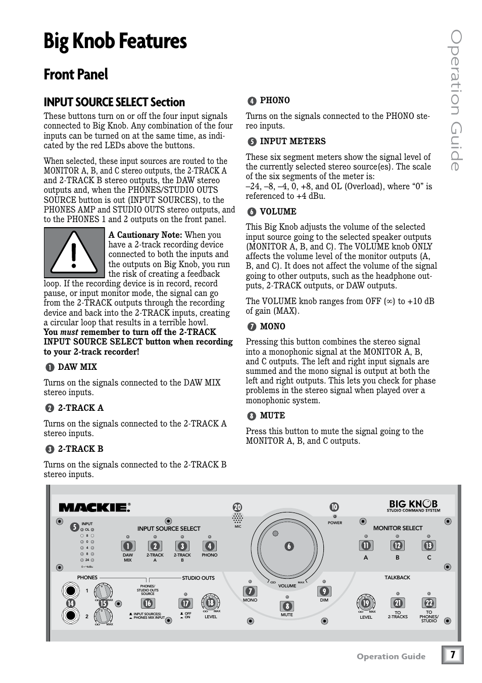 Big knob features, Front panel, Input source select section | Daw mix, Track a, Track b, Phono, Input meters, Volume, Mono | MACKIE Big Knob Studio Command System User Manual | Page 7 / 20