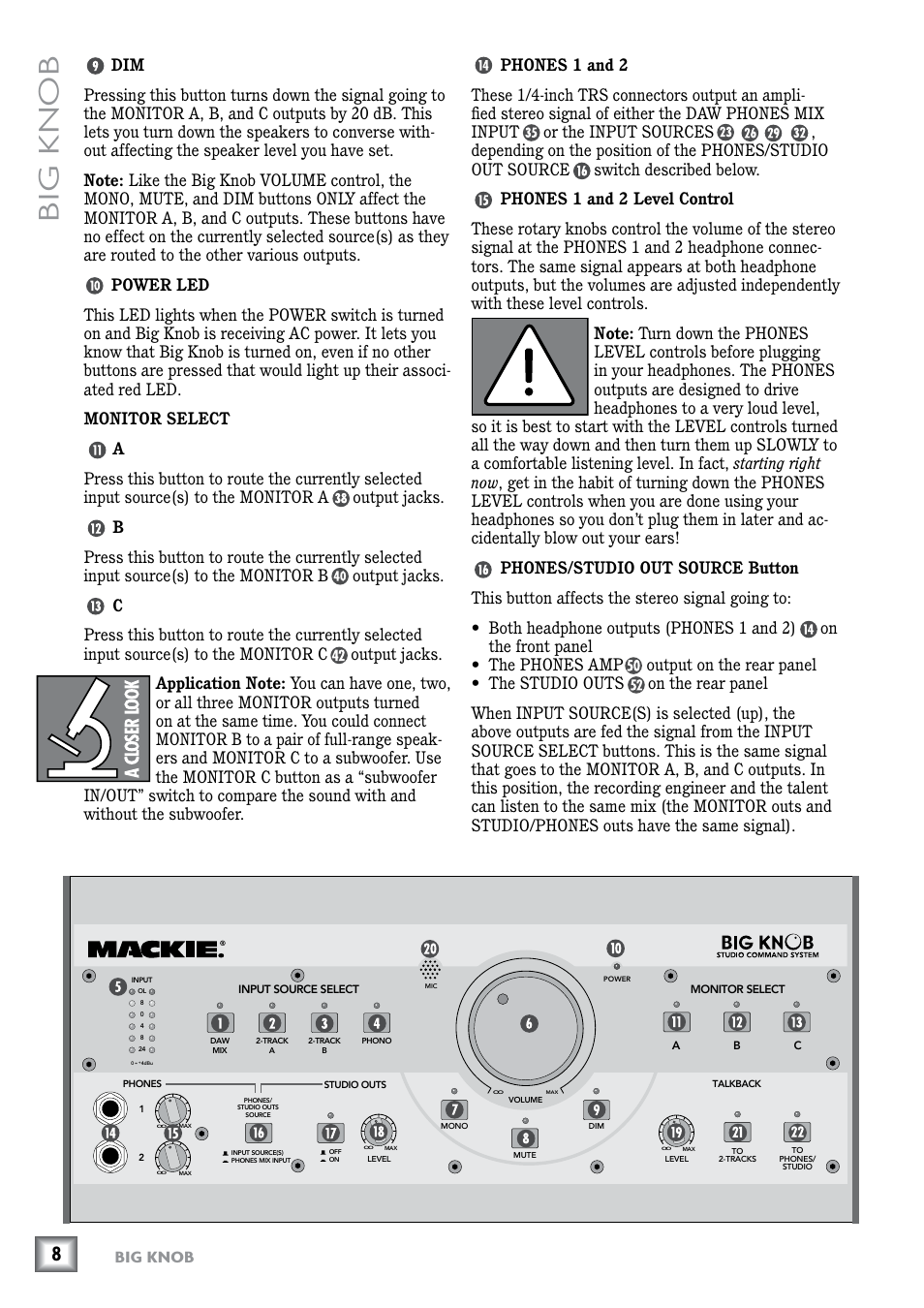 Power led, Monitor select, Phones 1 and 2 | Phones 1 and 2 level control, Phones/studio out source button, Big knob | MACKIE Big Knob Studio Command System User Manual | Page 8 / 20