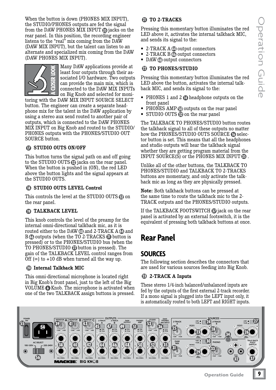 Studio outs on/off, Studio outs level control, Talkback level | Internal talkback mic, To 2-tracks, To phones/studio, Rear panel, Sources, Track a inputs, Oper ation guide | MACKIE Big Knob Studio Command System User Manual | Page 9 / 20