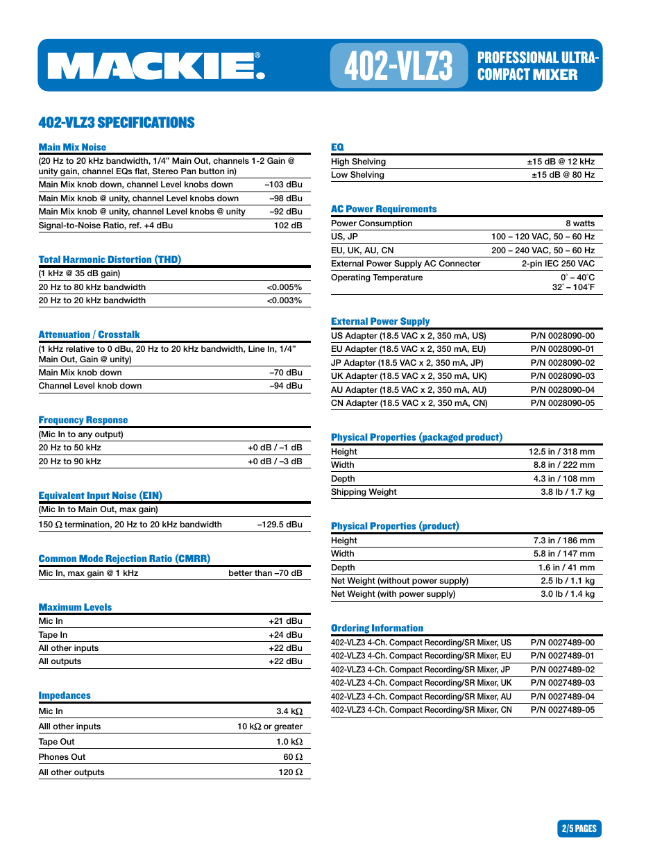 Vlz3, Professional ultra- compact, Mixer 402-vlz3 specifications | MACKIE PROFESSIONALULTRA 402-VLZ3 User Manual | Page 2 / 5