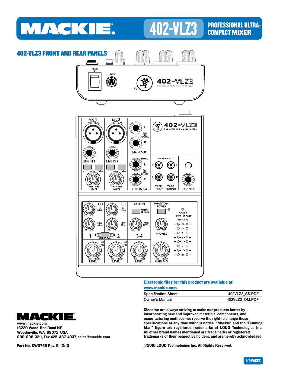 Vlz3, Professional ultra- compact, Mixer | Vlz3 front and rear panels | MACKIE PROFESSIONALULTRA 402-VLZ3 User Manual | Page 5 / 5