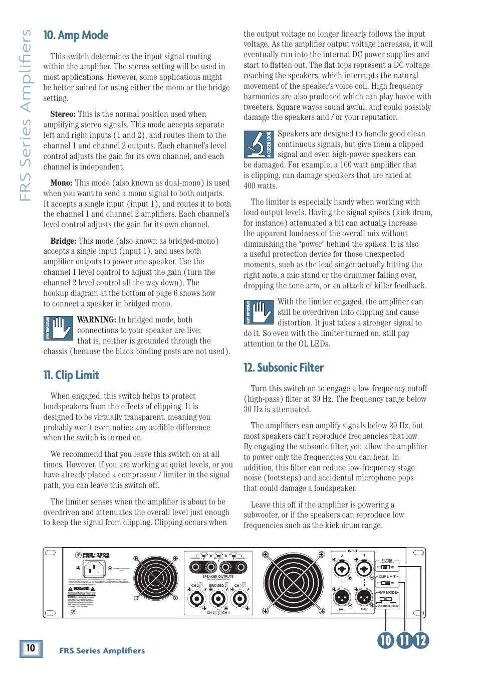 Amp mode, Clip limit, Subsonic filter | Frs series amplifiers | MACKIE FRS1700 User Manual | Page 10 / 20