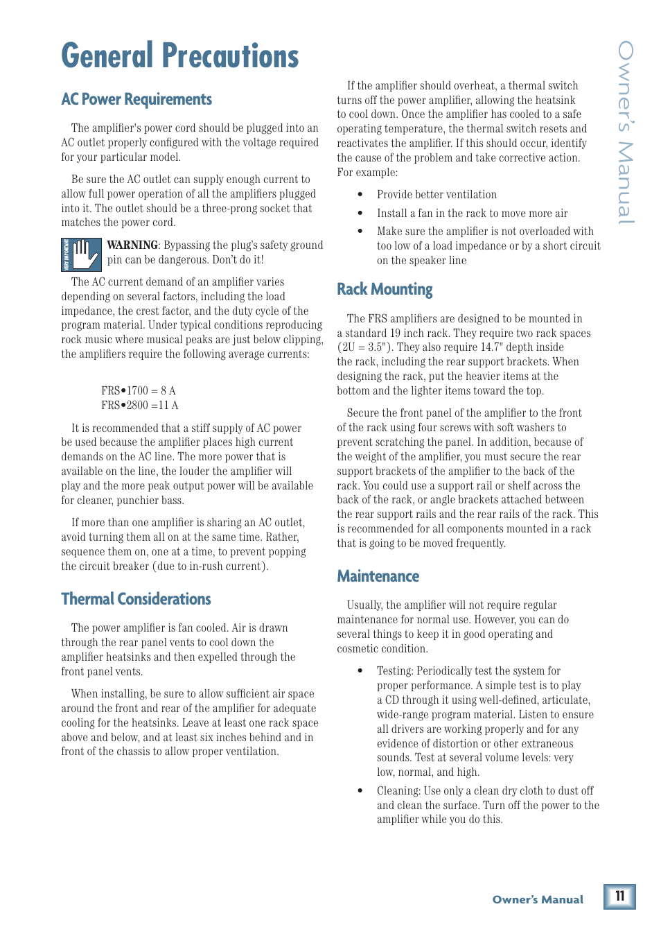 General precautions, Owner’ s manual, Ac power requirements | Thermal considerations, Rack mounting, Maintenance | MACKIE FRS1700 User Manual | Page 11 / 20