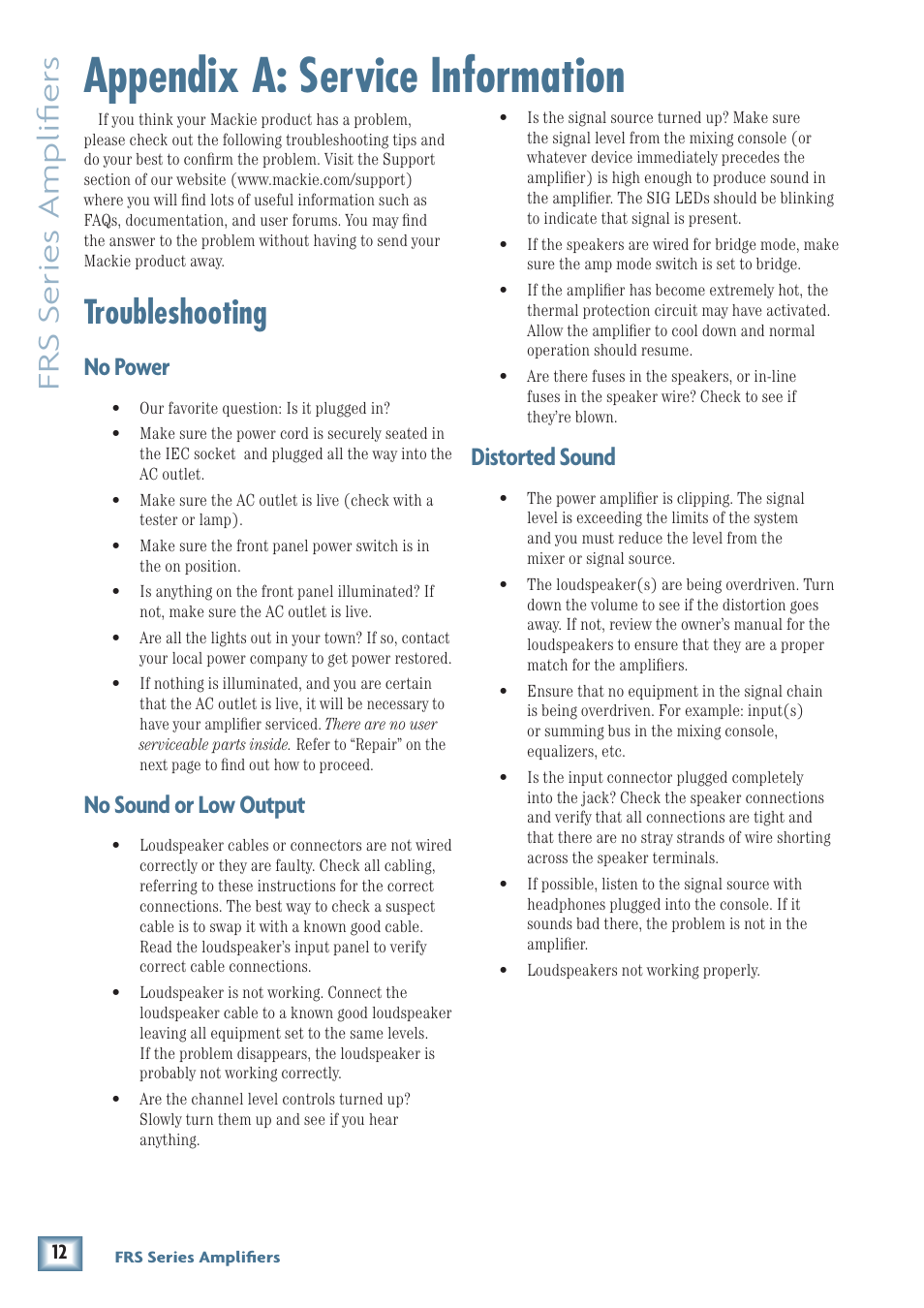 Appendix a: service information, Troubleshooting, Frs series amplifiers | Distorted sound, No power, No sound or low output | MACKIE FRS1700 User Manual | Page 12 / 20