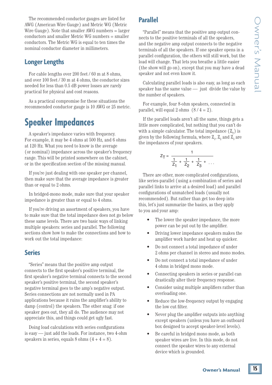 Speaker impedances, Owner’ s manual, Longer lengths | Series, Parallel | MACKIE FRS1700 User Manual | Page 15 / 20