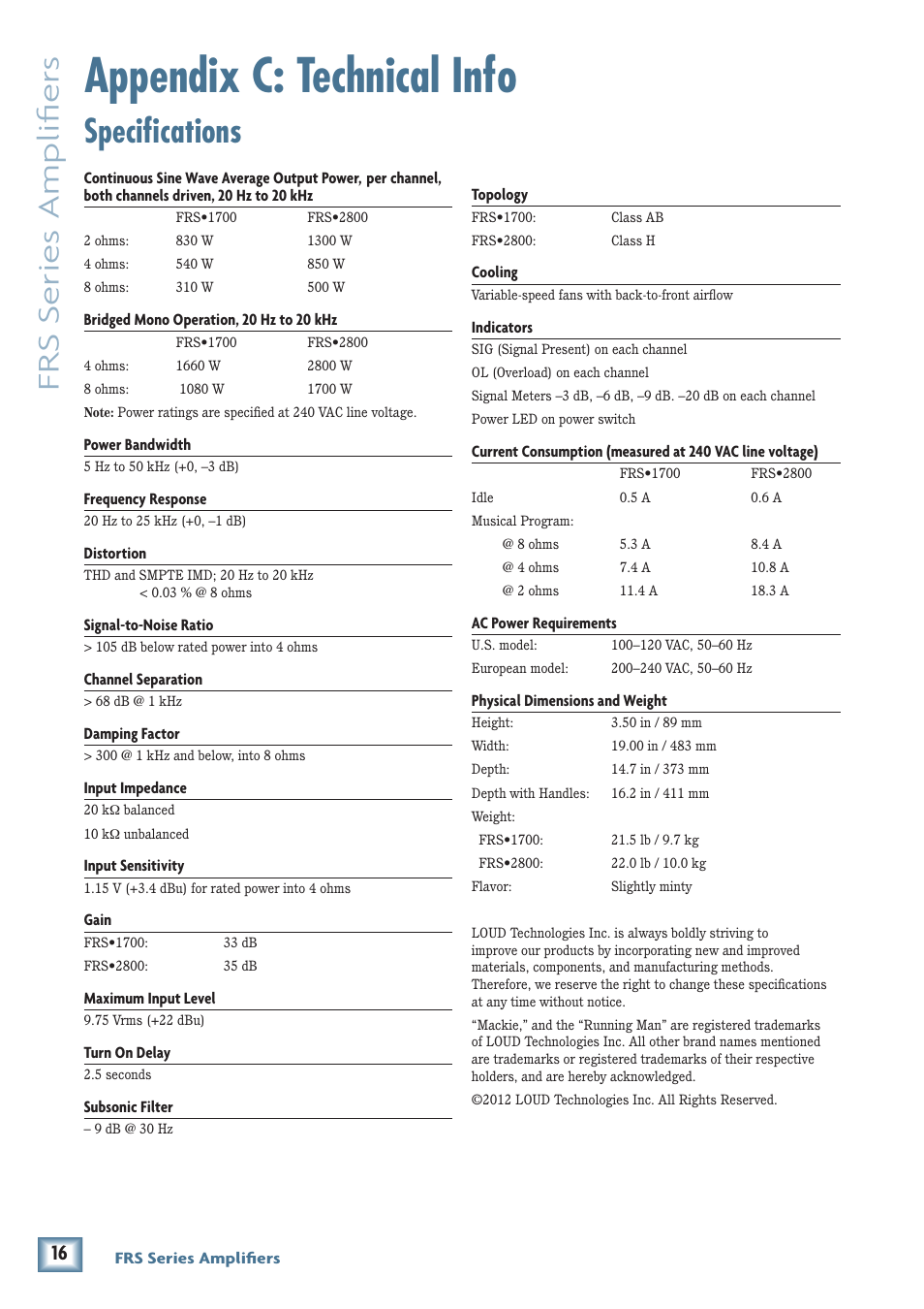 Appendix c: technical info, Specifications, Frs series amplifiers | MACKIE FRS1700 User Manual | Page 16 / 20
